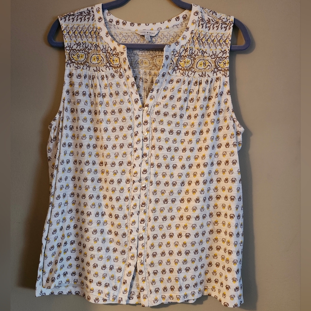Lucky Brand Cream, Brown, And Yellow Floral Print Tank Top